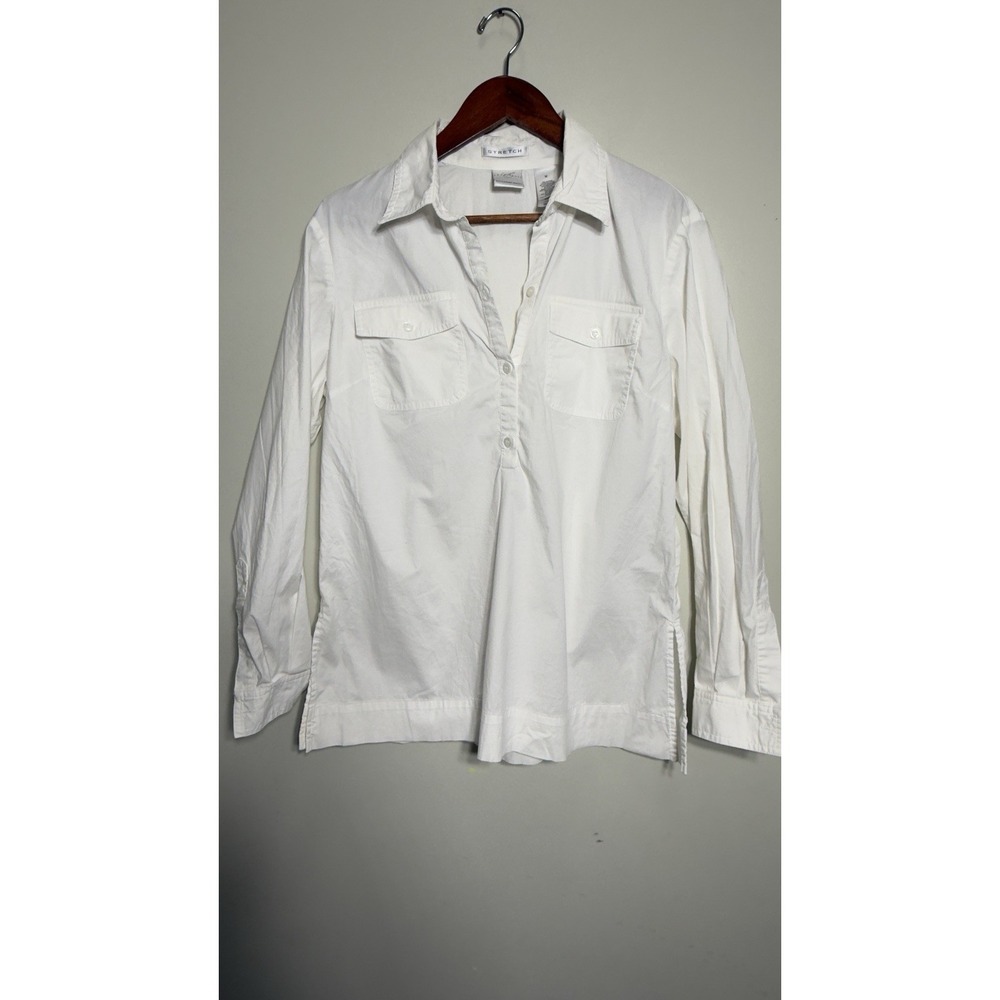 Emma James Liz Claiborne White Cotton Stretch Henley Blouse Shirt Medium Formal